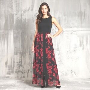 Shelby Nites Womens Black Red Floral‎ Chiffon Overlay Maxi Dress Gown Size 8 NEW